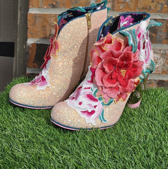 Irregular Choice Shoes - Irregular Choice Rows Garden Heel Ankle Boots Pink Multi-Color Glitter 11.5